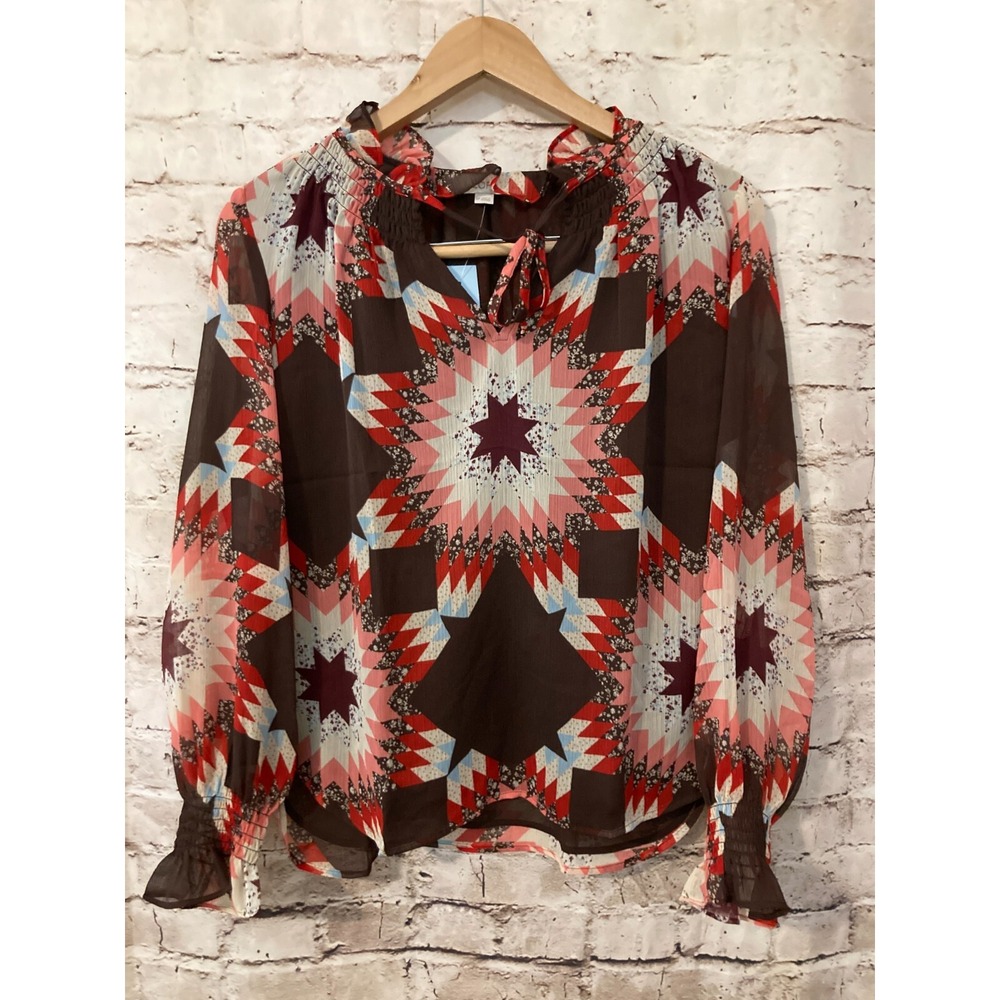 LOFT Women Medium Petite Chiffon Blouse Brown Aztec Star Print Ruffle Tie V-Neck